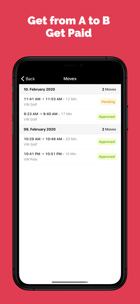 StreetCrowd - A list of completed and pending car relocation tasks in the StreetCrowd app showing dates times and car models