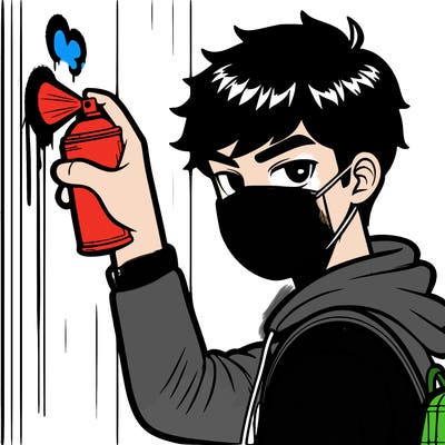 high schoolboy spray, painting a wall with mask covering his mouth