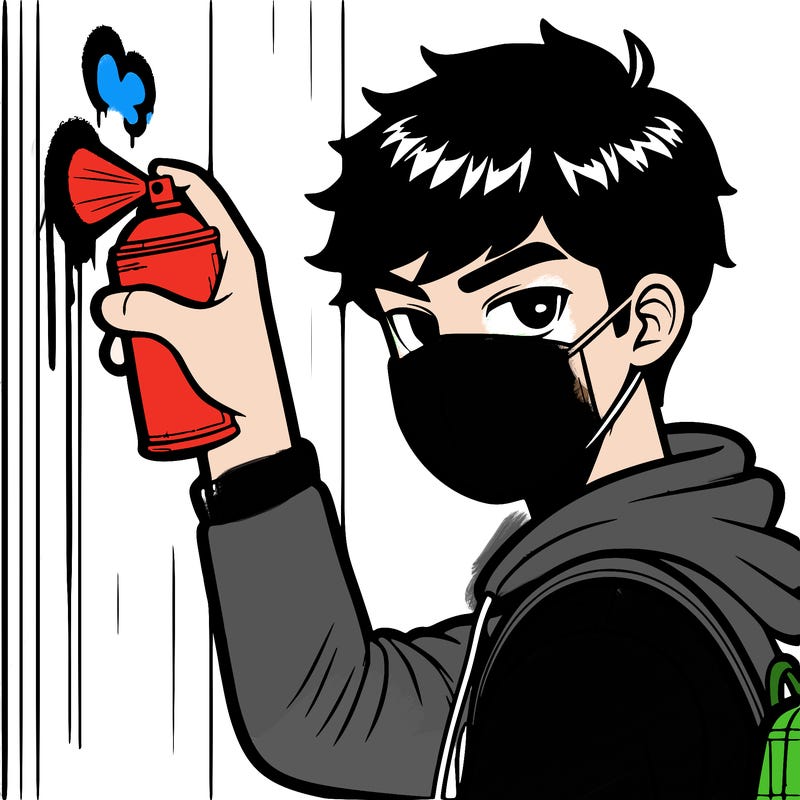 high schoolboy spray, painting a wall with mask covering his mouth