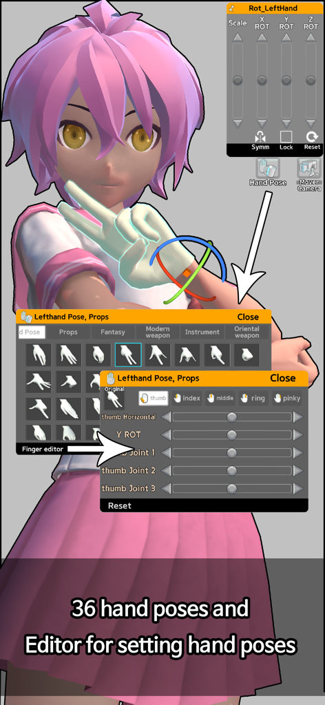 Interface of the Easy Pose app showing the hand pose library and finger editor for an anime character model