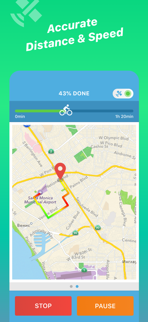 Bicycle ride tracker app interface showing a GPS map route and progress bar.