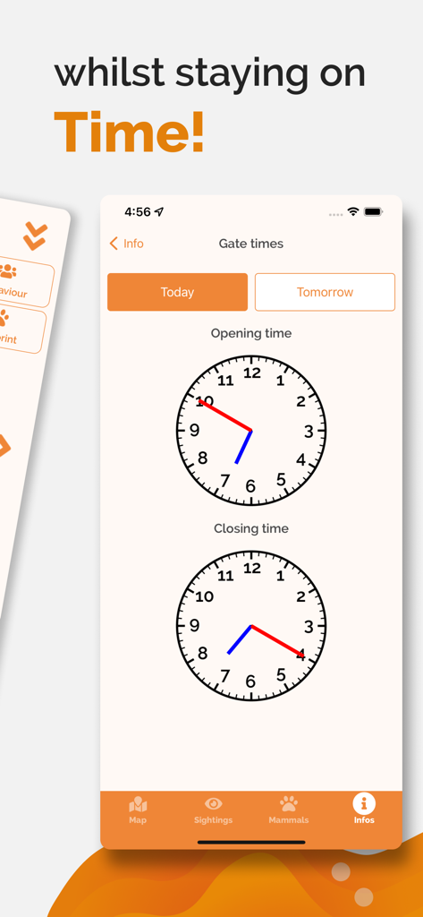 Etosha App - Namibia - モバイルアプリのインターフェースに表示されたエトーシャ国立公園のゲート開閉時間