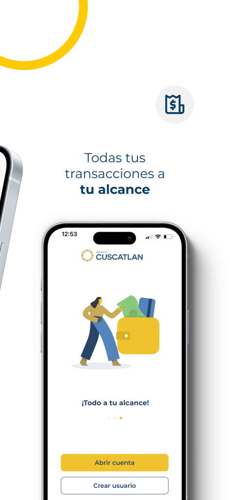 APP CUSCATLAN SV - Welcome screen of the APP CUSCATLAN SV mobile banking app showing account creation options and a digital wallet illustration