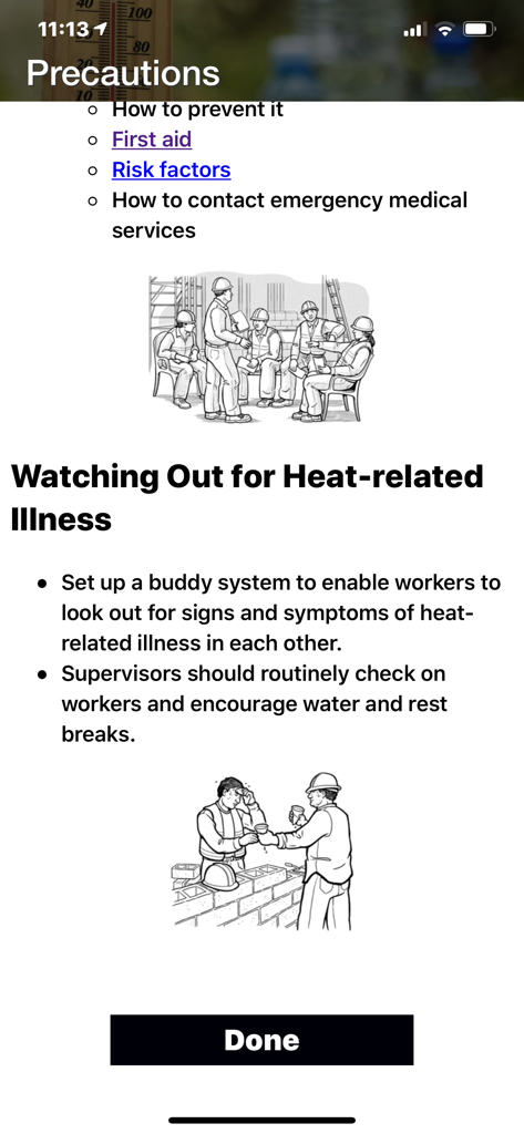 OSHA-NIOSH Heat Safety Tool - Screen from the OSHA-NIOSH Heat Safety Tool showing precautions and tips for watching out for heat-related illness at work