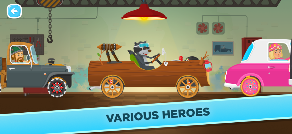 Three cartoon characters in customized cars including a Viking and a Raccoon