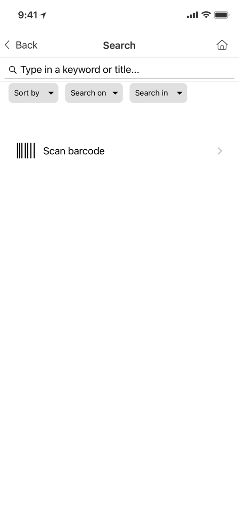 City of Ryde Libraries - Search interface of the City of Ryde Libraries app with keyword search and barcode scanner options