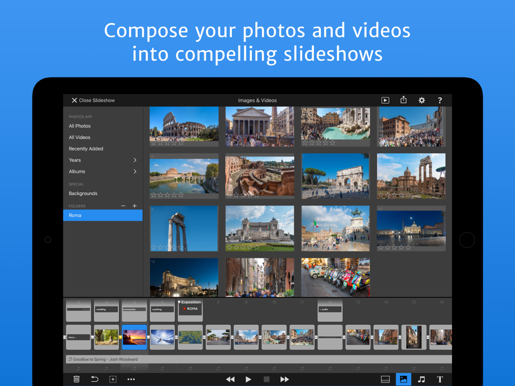 FotoMagico for iPad - iPad用FotoMagicoのインターフェース。ローマの写真を使ったプロフェッショナルなスライドショー構成を表示しています。