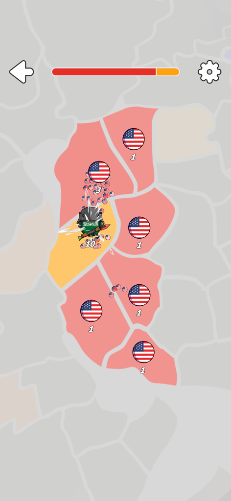 Gameplay of Country Balls World Battle showing US balls invading a territory on a map.