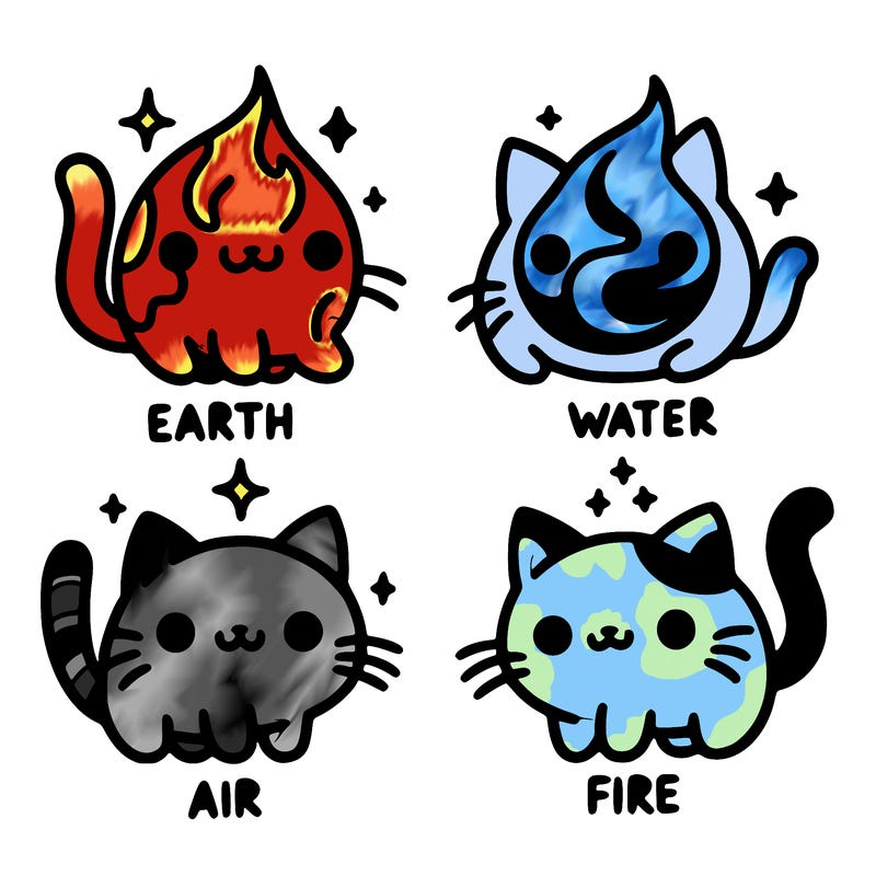 4 cats that represent the different elements, earth, water, air, and fire