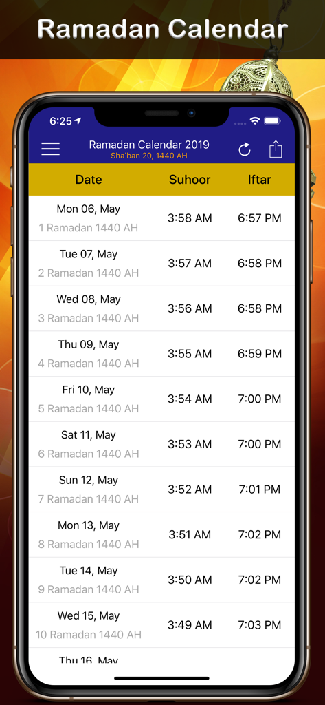 Smartphone display of Ramadan Calendar app with Suhoor and Iftar daily timings