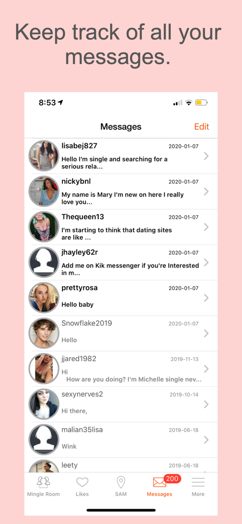 Message inbox on SinglesAroundMe app showing user chat list