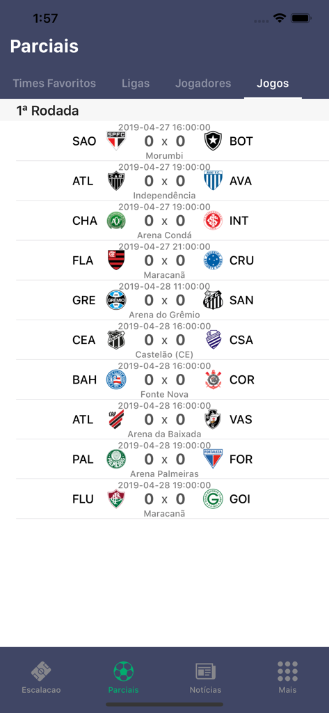 Guru do Cartola - Guru do Cartola app screen showing Brazilian soccer match schedules
