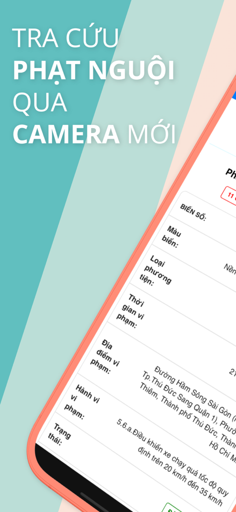 Écran d'une application mobile affichant les détails des infractions routières vietnamiennes et le statut des amendes non payées