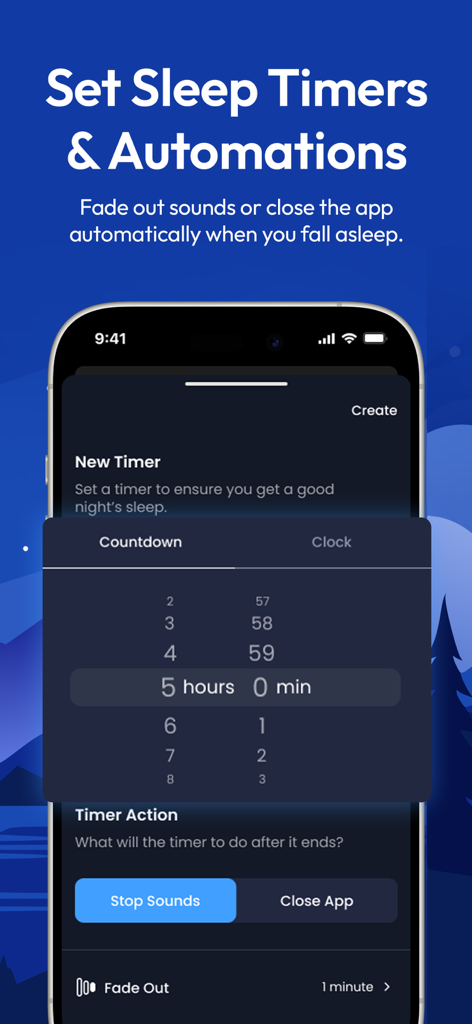 Sleep Sounds: SleepMaker - Smartphone screen showing the SleepMaker app sleep timer and automation settings for fading out sounds automatically.
