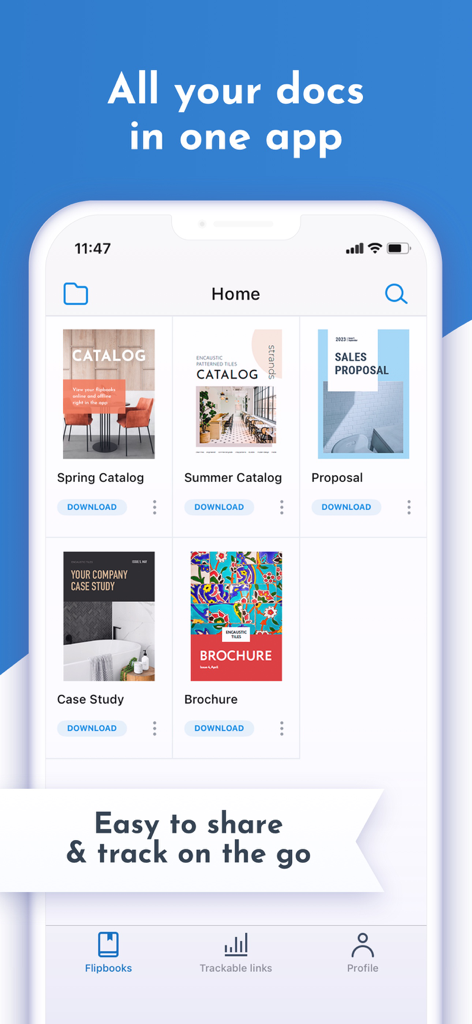 FlippingBook app interface showing digital catalogs and business proposals