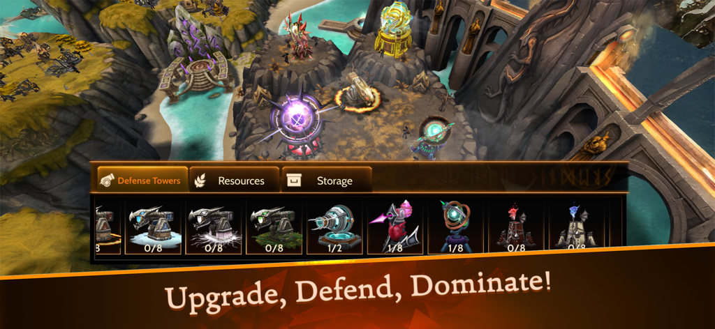 Captura de pantalla del juego War Dragons que muestra la selección de torres defensivas y la interfaz de construcción de bases con el lema Mejora, Defiende, Domina