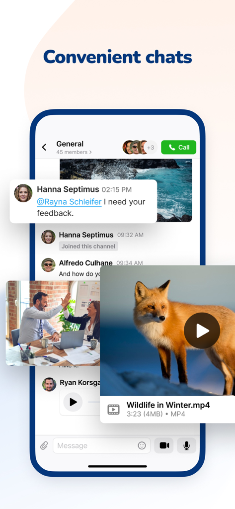 YuChat Business Communication - YuChat mobile app interface showing a group chat with a video file attachment and team messages.