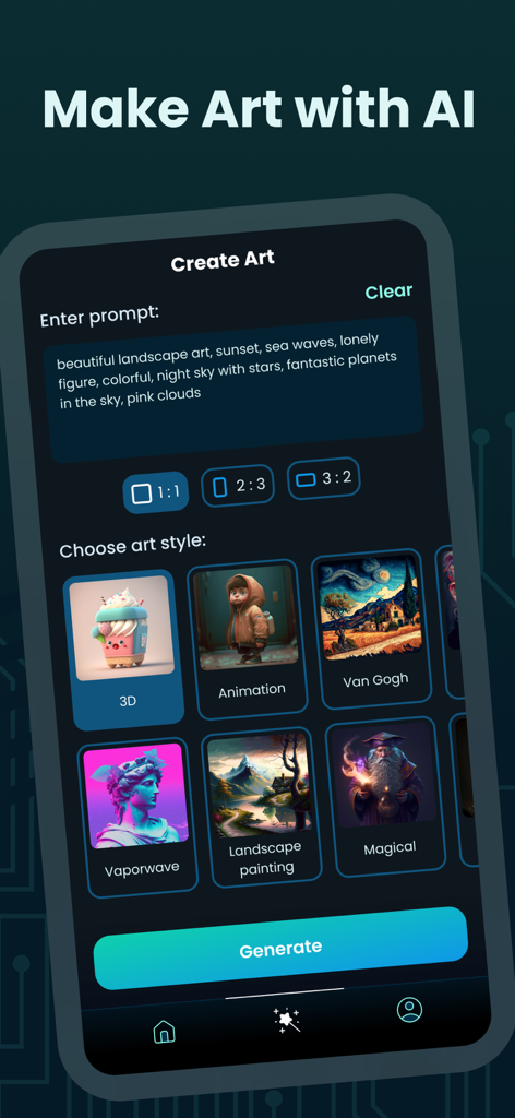 Interface do aplicativo GenZArt mostrando a tela de criação com um campo de prompt de texto e várias opções de estilo de arte