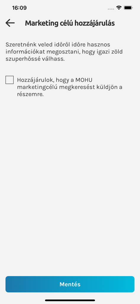 REpont - Schermata delle impostazioni di consenso al marketing nell'app REpont con una casella di controllo per gli aggiornamenti promozionali e un pulsante di salvataggio.