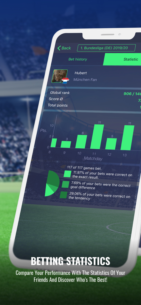 Soccer betting statistics screen with matchday performance charts and prediction accuracy