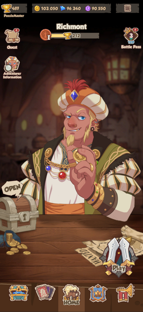 League of Puzzle - League of Puzzle home screen showing character Richmont in a tavern with a treasure chest and play button