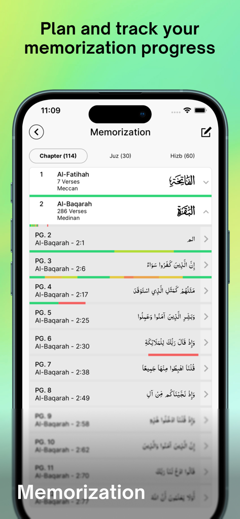 Screenshot of the Tarteel app showing Quran memorization progress and tracking by chapter