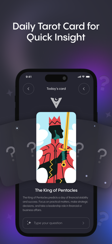 AstroBook: Astrology Insights - A mobile app screen showing a daily tarot card reading for the King of Pentacles with financial advice.
