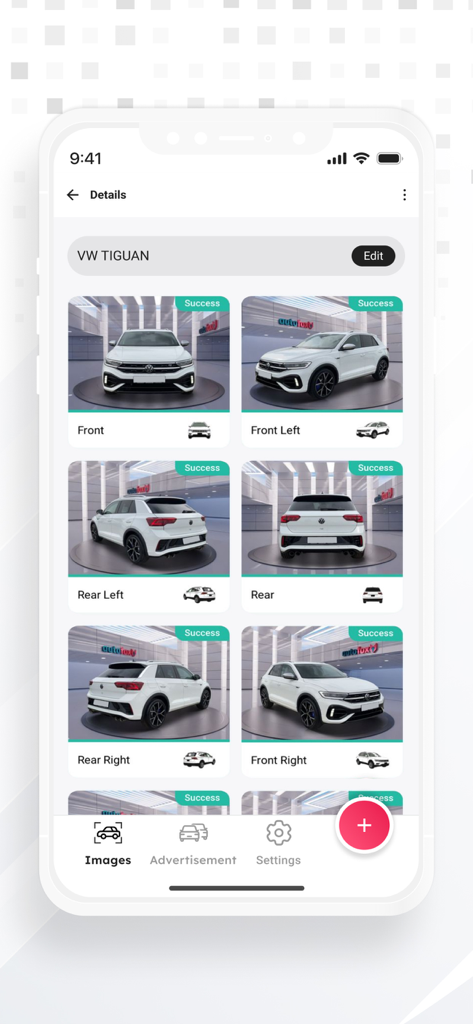 Autofox Mobile App-Oberfläche, die eine Galerie professioneller Fahrzeugfotos aus verschiedenen Blickwinkeln für ein Autohaus zeigt