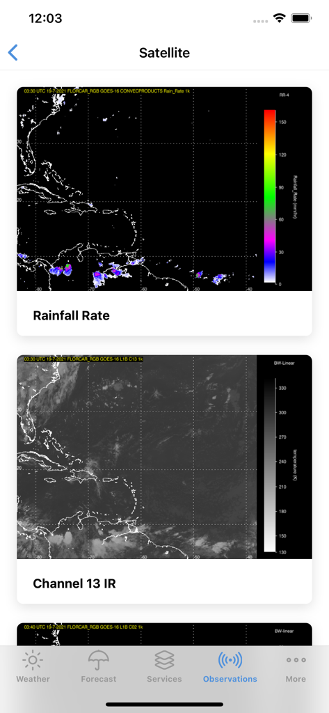 TT Met Office - Satellite observation screen showing rainfall rate and infrared maps for Trinidad and Tobago