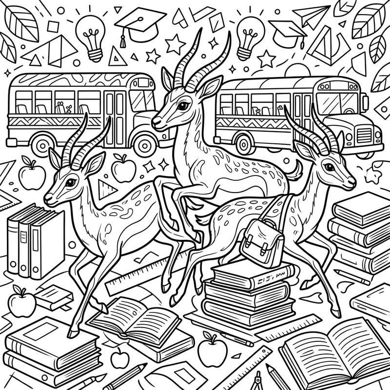 Get ready for a vibrant return to learning with our delightful Antelopes Back to School coloring page. This exciting scene combines graceful antelopes with classic school supplies, perfect for sparking creativity.