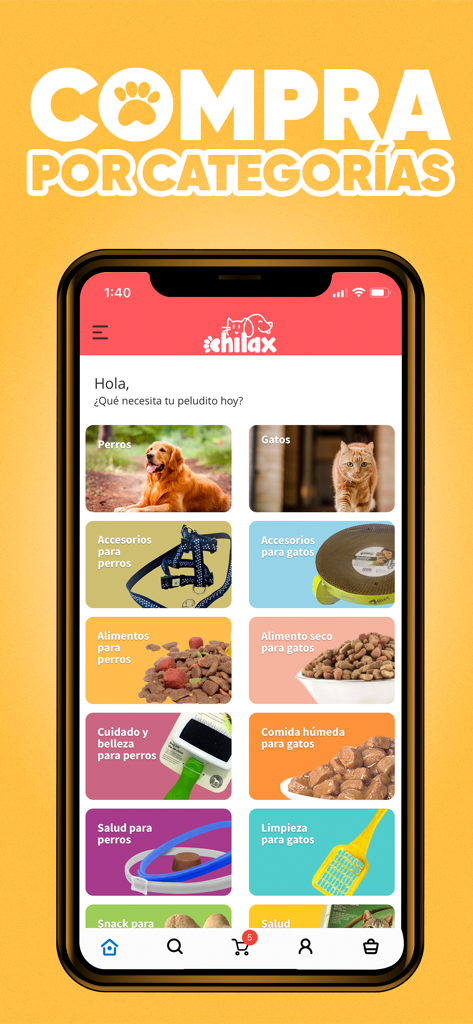 Chilax ES - Mobile app screen of Chilax ES showing various shopping categories for dogs and cats including food, accessories, and health products.