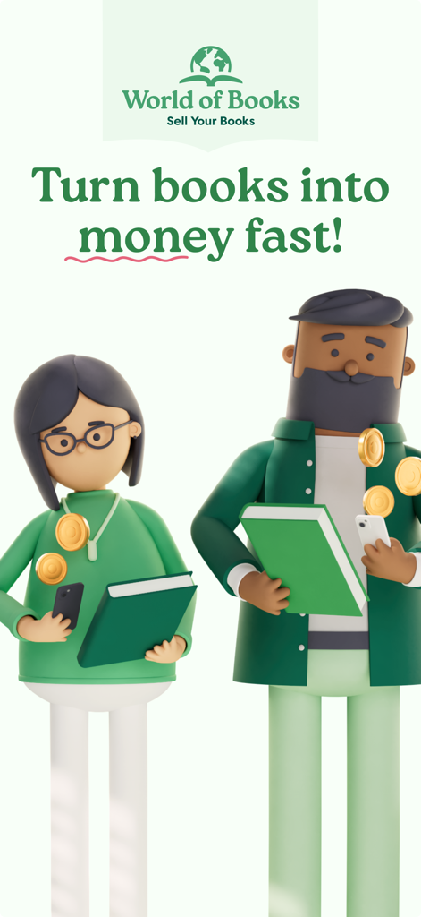 Promotional screen for the World of Books app showing two characters turning books into money