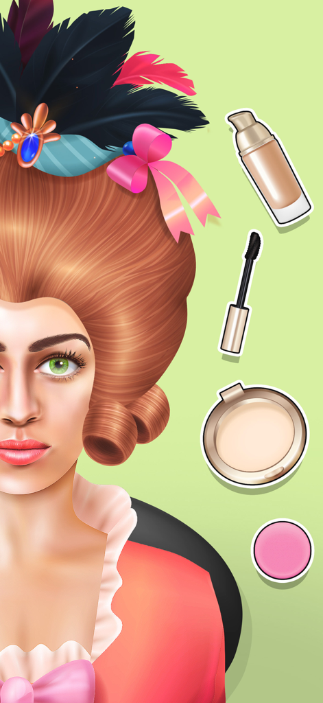 Makeup skincare ASMR Makeover - Un personaje con una gran peluca vintage ornamentada rodeado de iconos de productos de maquillaje, incluyendo base y máscara de pestañas