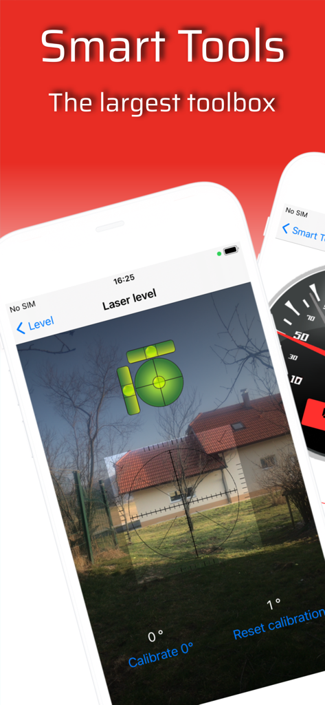 Smart Tools - All In One Box - Smart Tools app interface displaying a laser level tool overlaying a camera view of a house