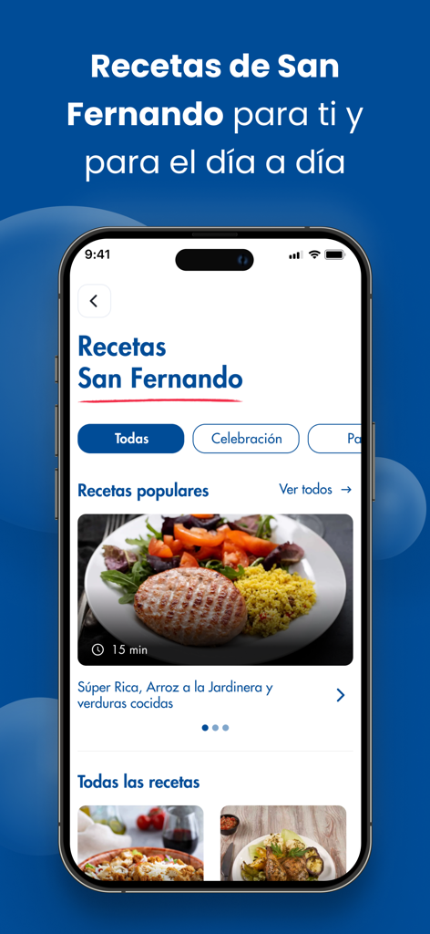 San Fernando mobile app screen showing a list of Peruvian food recipes and meal categories