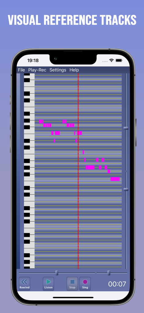Singing Tutor - Interfaz de la aplicación Tutor de Canto que muestra pistas de referencia visuales y un rollo de piano para práctica vocal