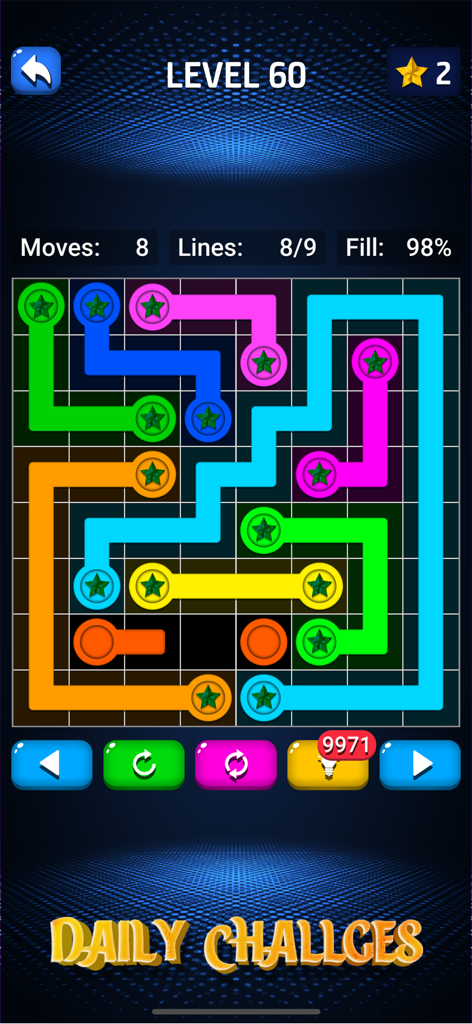 A colorful dot connecting puzzle game screen showing level 60 with multiple solved paths on a grid