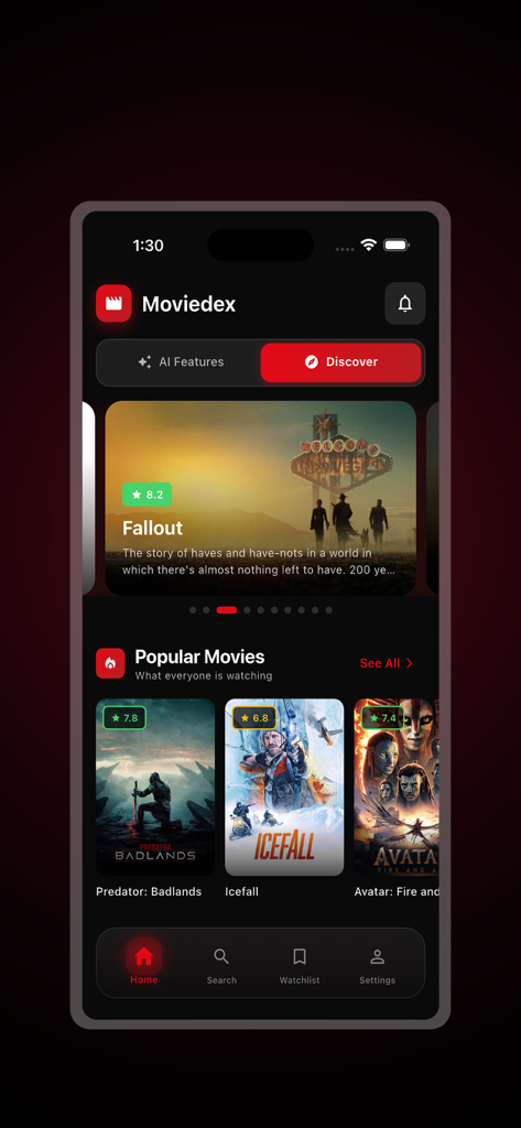 MovieDex app home interface showing popular movies like Fallout and Predator Badlands with AI features and a dark theme.