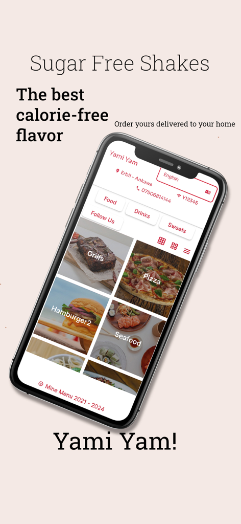 Yami Yam - A mobile phone displaying the Yami Yam app interface with food categories like grills pizza and seafood