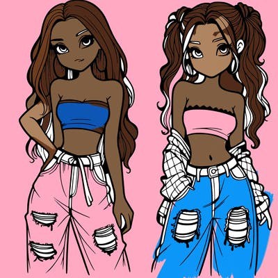 2 girls in crop tops and baggy jeans ripped