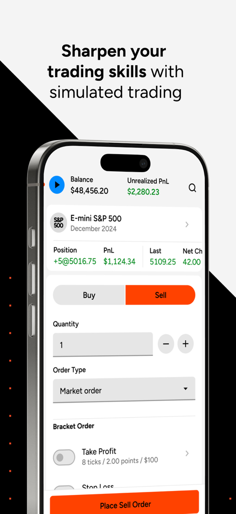 NinjaTrader | Trade Futures - Écran de l'application mobile NinjaTrader pour le trading simulé de contrats à terme, montrant le placement d'ordres pour l'E-mini S&P 500.