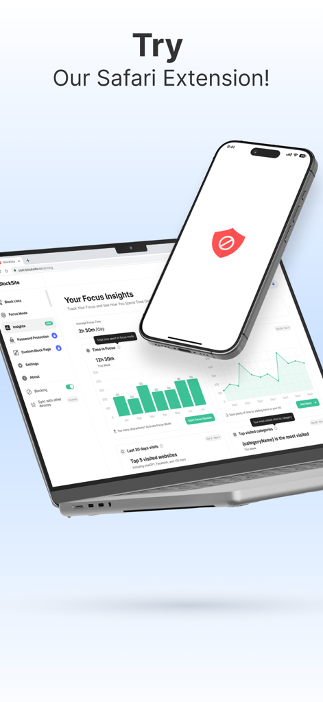 BlockSite Safari extension and productivity dashboard showing focus insights on a laptop and smartphone