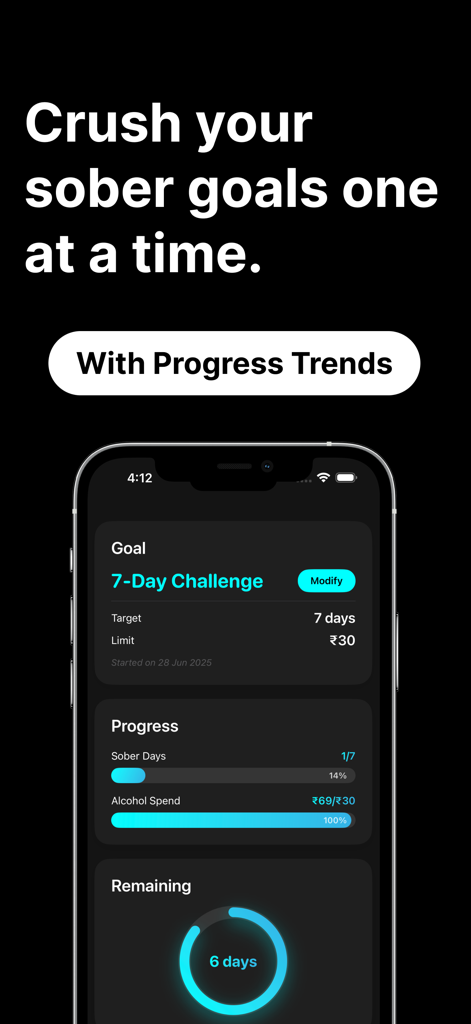 AlcoFree: Quit Alcohol Tracker - Mobile app interface displaying a seven day sobriety challenge with progress bars and daily tracking metrics