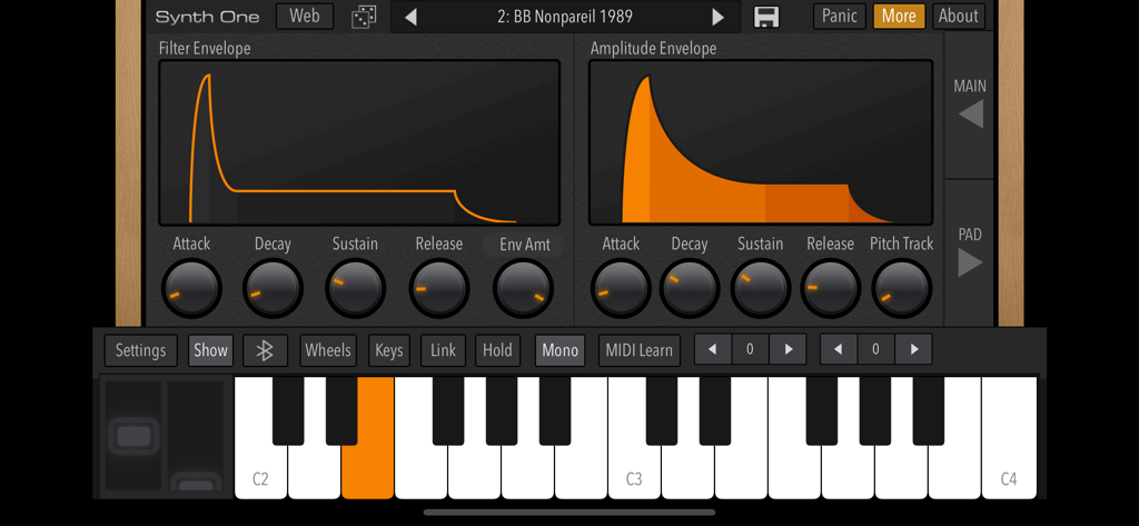 Interface of AudioKit Synth One showing filter and amplitude envelope controls with a virtual keyboard