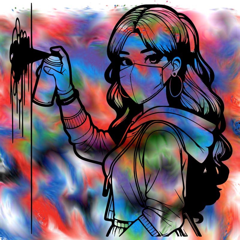 realistic girl with mask spray painting a wall