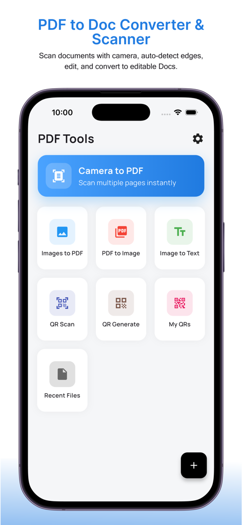 Document Scanner: PDF & OCR - PDF変換、OCRテキスト抽出、QRコードスキャンのツールを表示するDocument Scannerアプリのインターフェイス