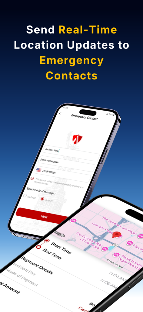 Attorney Shield Inc - Interfaz de la aplicación Attorney Shield que muestra el intercambio de ubicación en tiempo real con contactos de emergencia.