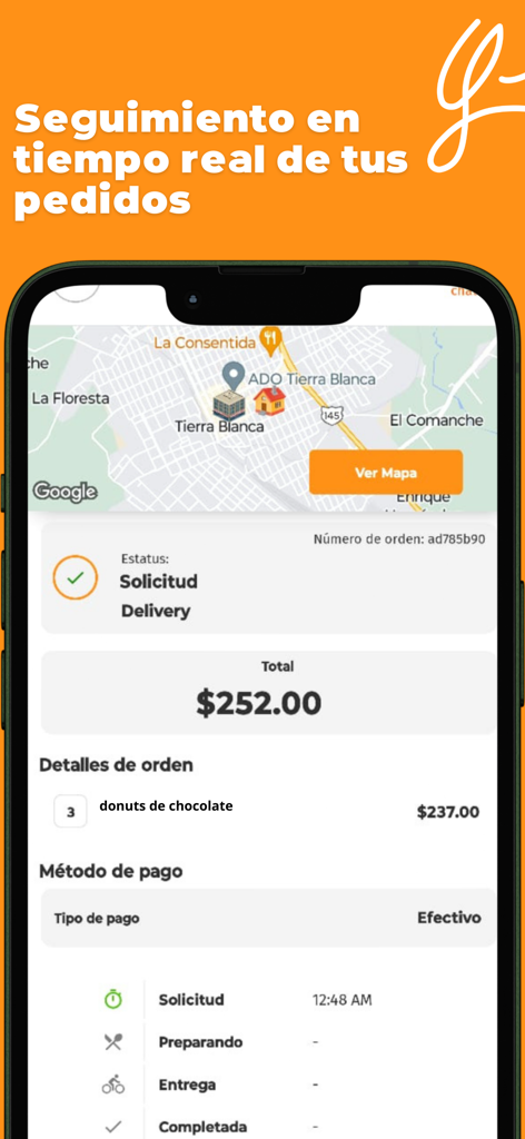 yumm - Interface of the Yumm app showing real-time order tracking with a map and delivery details in Spanish