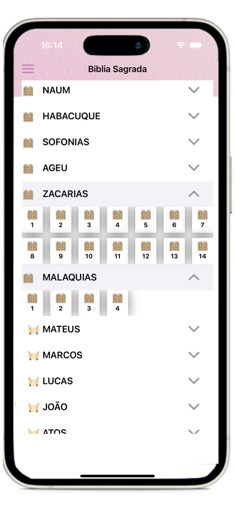 Table of contents in Portuguese showing different books and chapters in the Women's Bible app