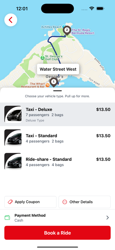 Ride.bm - Ride.bm mobile app screen showing vehicle selection options and a map for booking a taxi in Bermuda